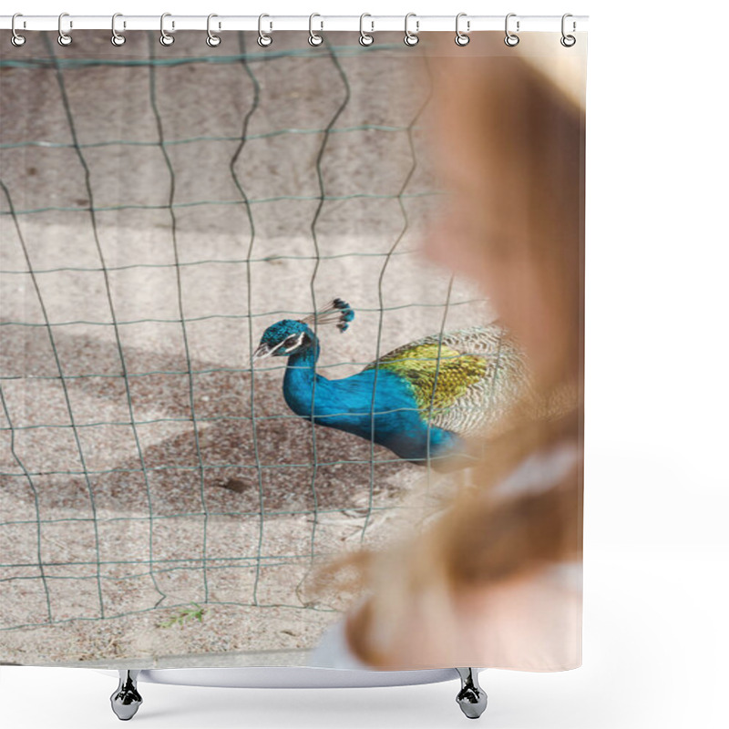 Personality  Cropped View Of Child Standing Near Peacock In Cage  Shower Curtains