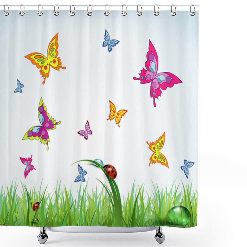 Personality  Grass Butterfly And Ladybug Shower Curtains