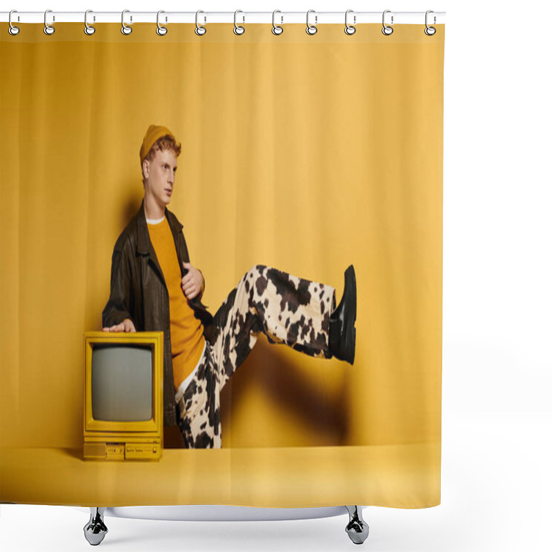 Personality  A Stylish Redhead Man Poses Confidently In A Trendy Winter Outfit With A Vintage Television On A Yellow Backdrop. Shower Curtains