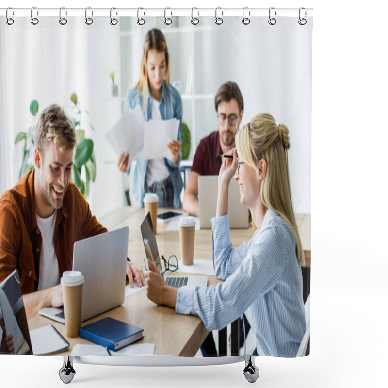 Personality  Smiling Multicultural Colleagues Working On Startup Project In Office And Using Gadgets Shower Curtains