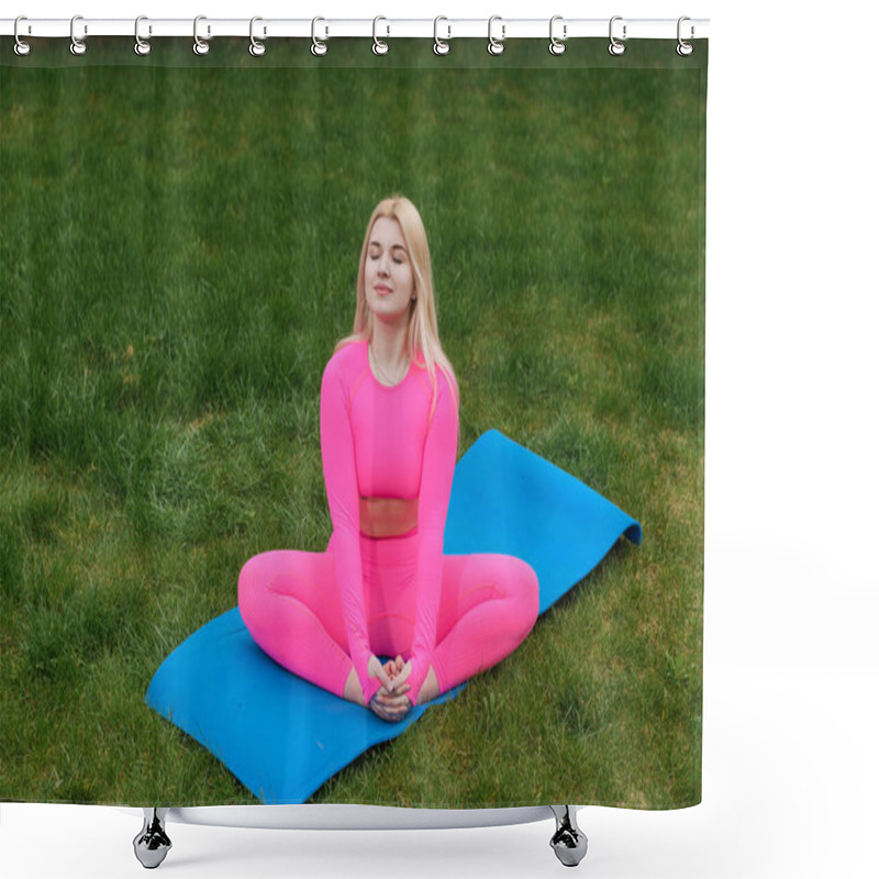 Personality  Girl In A Pink Suit Sits In The Lotus Position And Meditates Shower Curtains