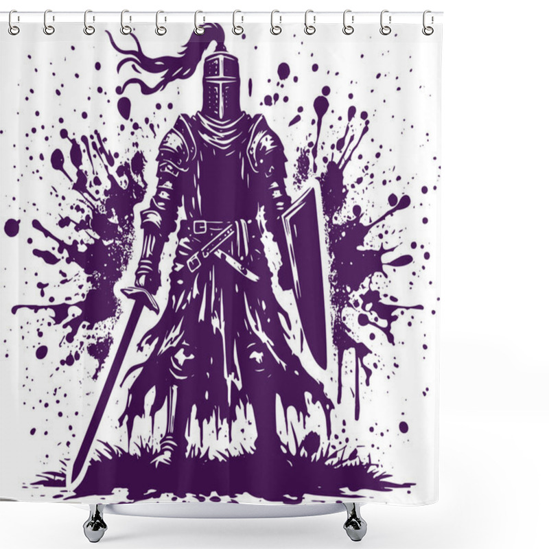 Personality  A Knight In Metal Armor With A Sword And Shield Stands Ready For Battle Abstract Vector Stencil Drawing Shower Curtains