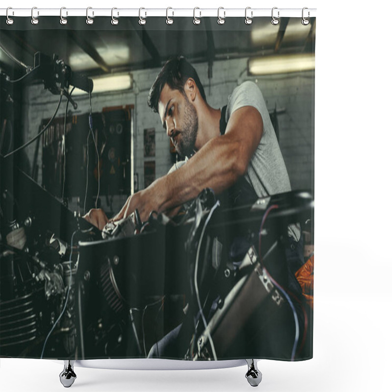 Personality  Handsome Mechanic Repairing Motorbike Shower Curtains