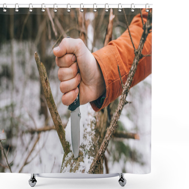 Personality  Sharp Pocketknife In A Snowy Woods  Shower Curtains