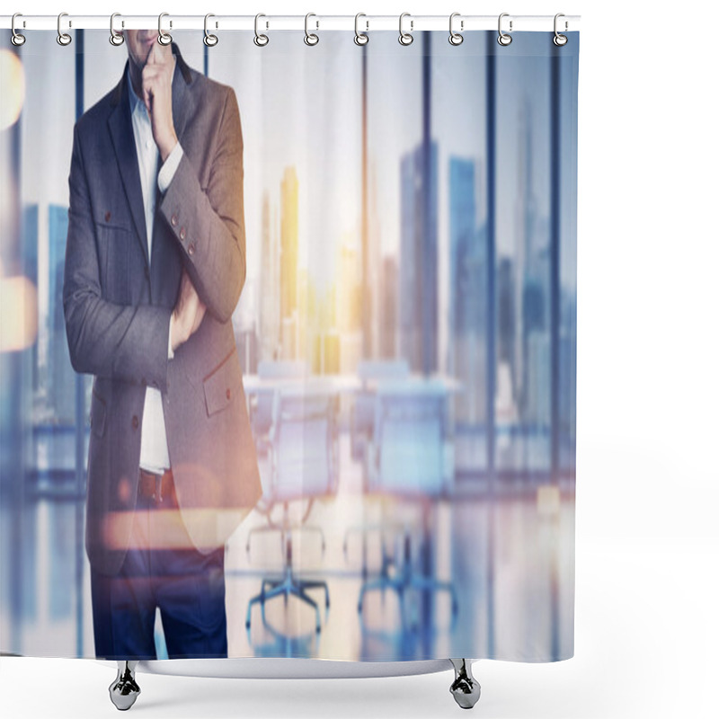 Personality  Businessman On Blurred Office Background Shower Curtains