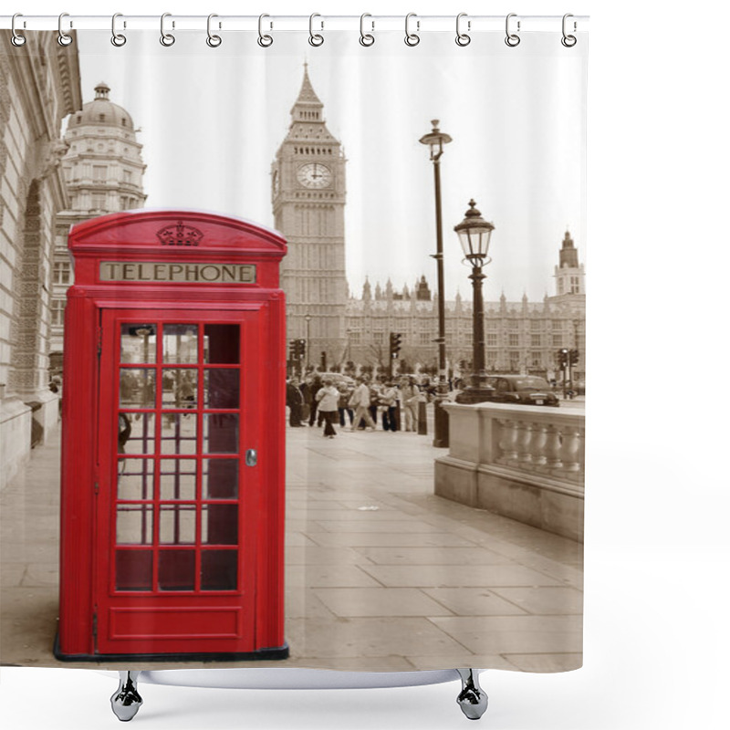 Personality  A Traditional Red Phone Booth In London With The Big Ben In A Sepia Background Shower Curtains