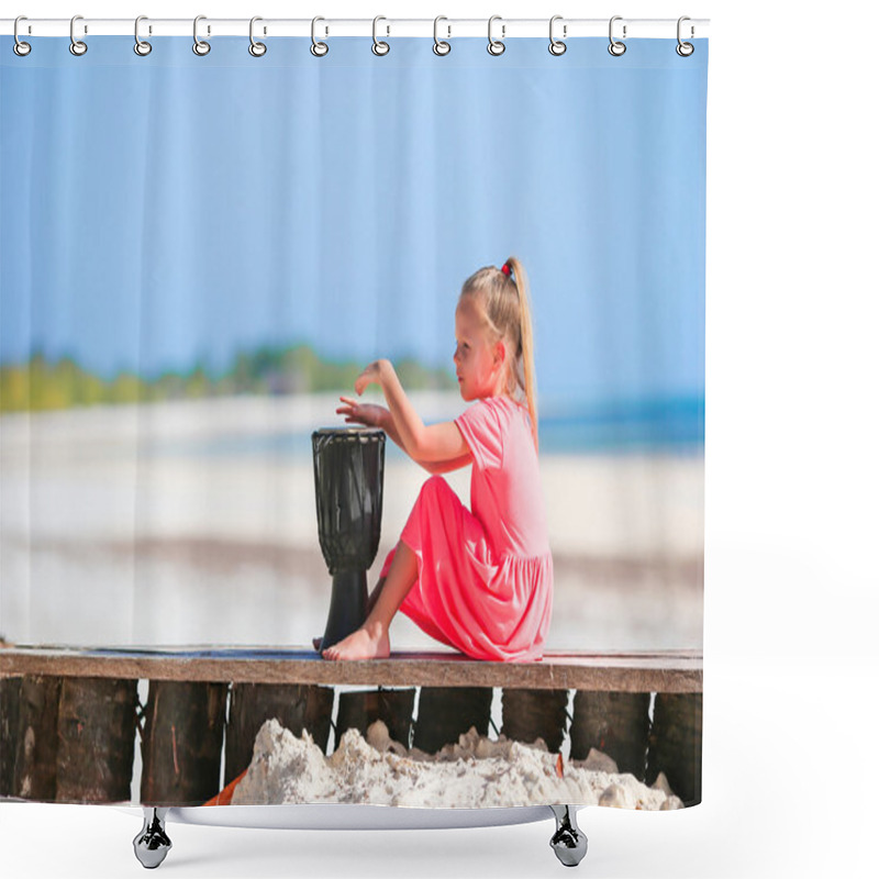 Personality  Little Happy Girl Playing On African Drums. Adorable Kid Having Fun With National African Drums On White Beach Shower Curtains