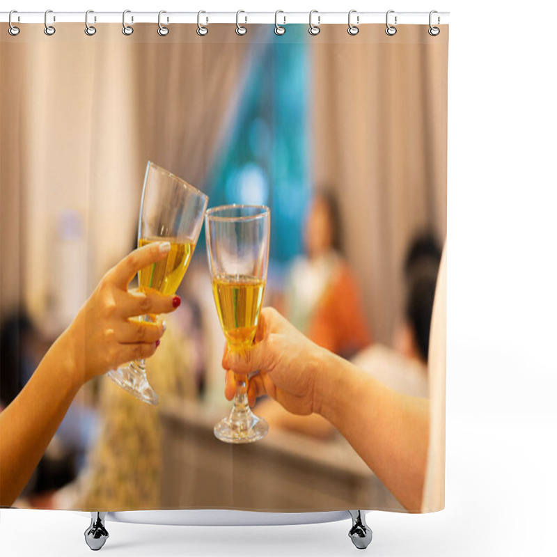 Personality  Hand Clinking Glasses With White Wine To Celebration Holiday. Shower Curtains