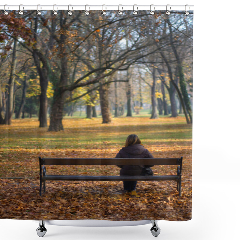 Personality  Lonely Girl Sitting In The Autumn Park Shower Curtains