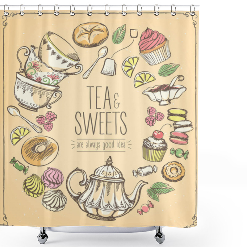 Personality  Tea Ceremony Vector Llustration. Tea Time. Tea And Set Of Sweets Shower Curtains