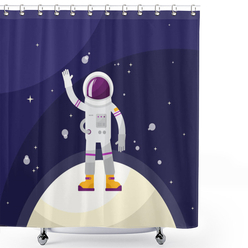 Personality  Astronaut Vector Illustration. Cosmonaut And People In Outer Space Waving Standing On Planet Or Moon. Flight And Exploration Interstellar Mission With Helmet And Suit. Shower Curtains