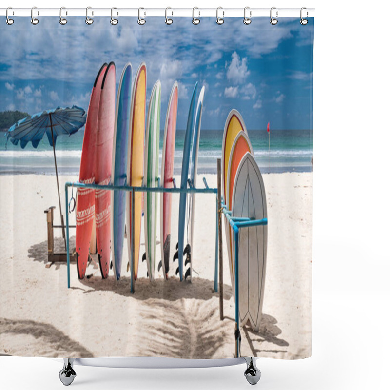 Personality  Surfboard On The White Sand Beach, Tropical Time Shower Curtains