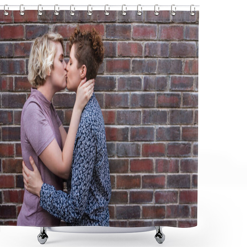 Personality  Affectionate Young Lesbian Couple Embracing And Kissing While Standing Together In Front Of A Brick Wall Outside Shower Curtains