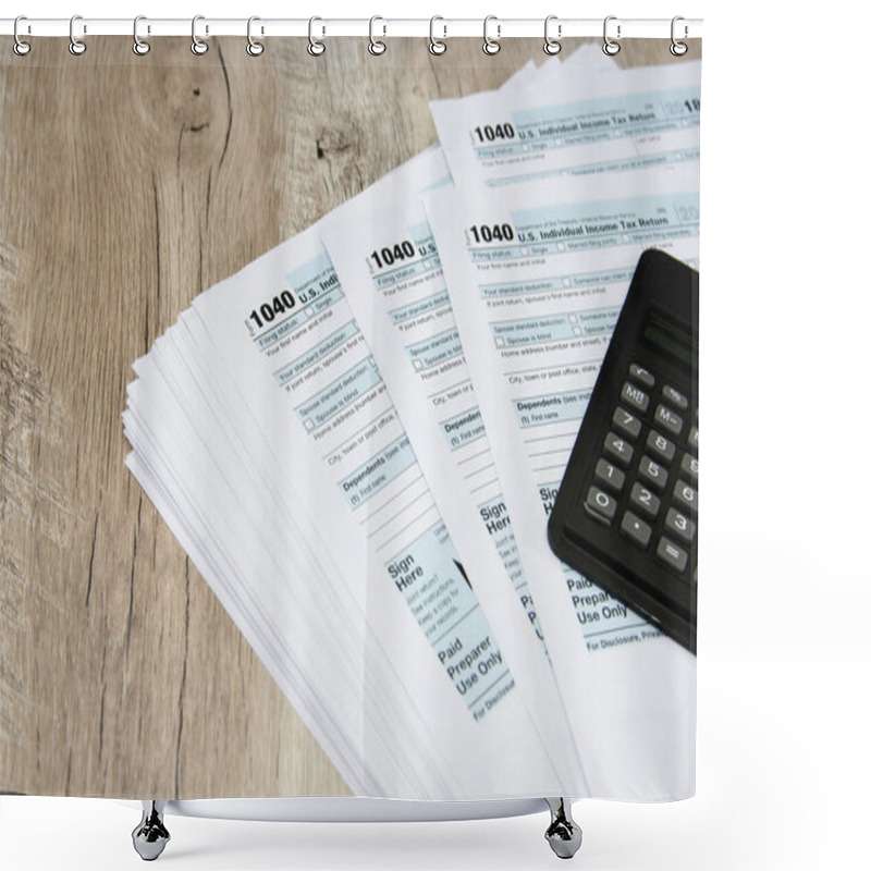 Personality  Tax Forms 1040 With A Calculator On A Wooden Table. Financial Document. Shower Curtains