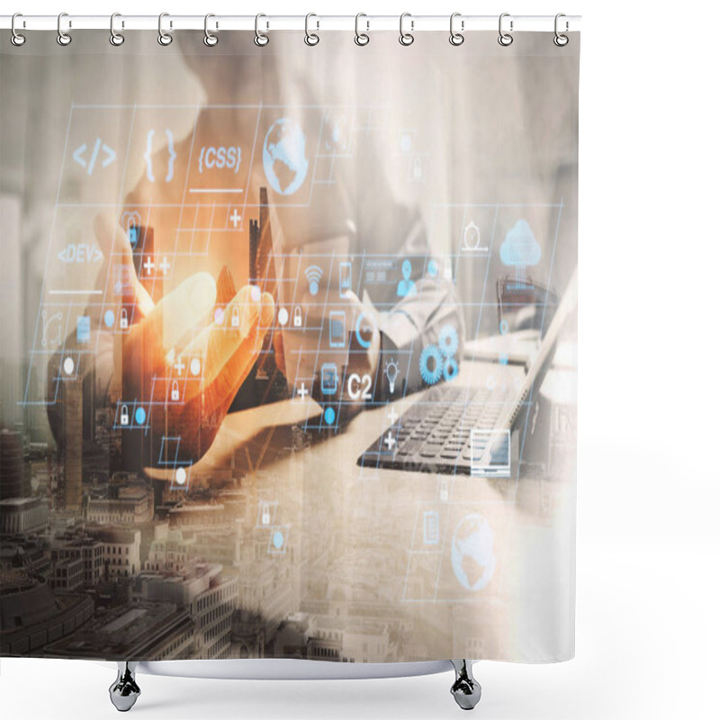 Personality  Coding Software Developer Work With AR New Design Dashboard Computer Icons Of Scrum Agile Development And Code Fork And Versioning With Responsive Cybersecurity.Double Exposure Of Success Businessman Working Shower Curtains