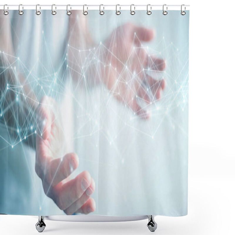 Personality  Businessman Using Flying Network Connection 3D Rendering Shower Curtains