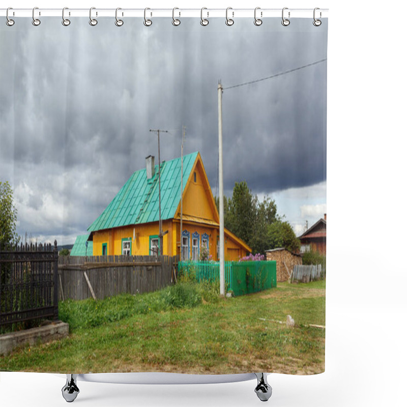 Personality  Russian Village In Summer. Brighty Painted Wooden Residential House. Village Of Visim, Sverdlovsk Region, Russia. Shower Curtains