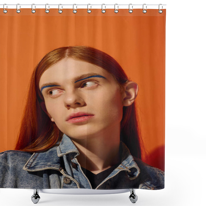 Personality  Young Man With Long Red Hair Showcases A Range Of Emotions In A Vibrant Setting. Shower Curtains