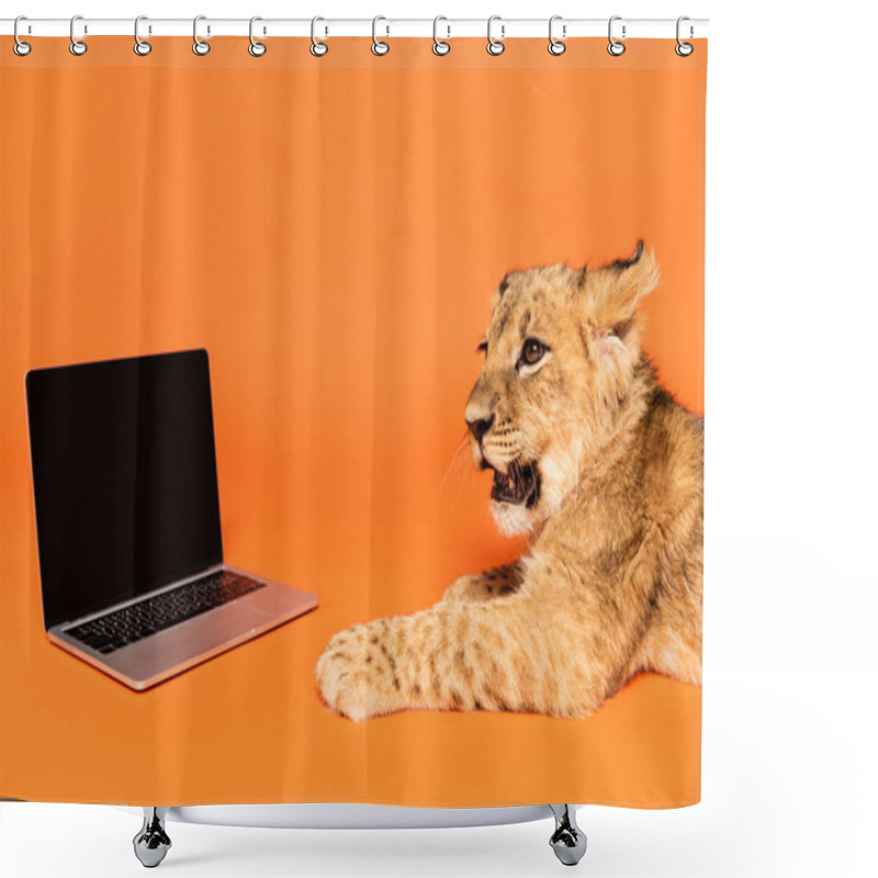 Personality  Cute Lion Cub Lying Near Laptop With Blank Screen On Orange Background Shower Curtains