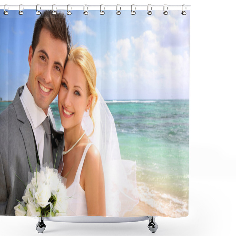 Personality  Portrait Of Beautiful Bride And Groom At The Beach Shower Curtains