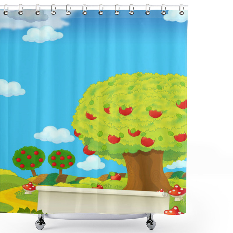 Personality  Cartoon Scene With Farm Fields By The Day And Apple Trees - Illustration For Children Shower Curtains