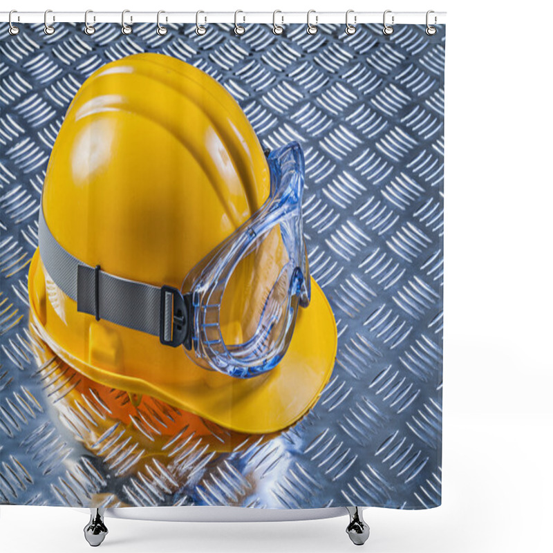 Personality  Safety Goggles Hard Hat On Fluted Metal Plate Construction Conce Shower Curtains