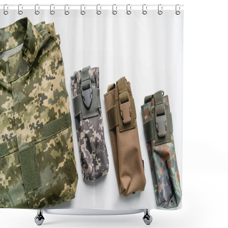 Personality  Top View Of Military Bags And Uniform On White Background  Shower Curtains