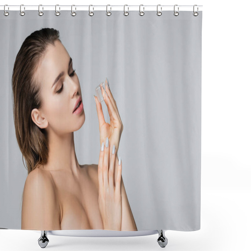 Personality  Sensual Woman With Wet Hair And Naked Shoulders Holding Ice Cube Isolated On Grey Shower Curtains