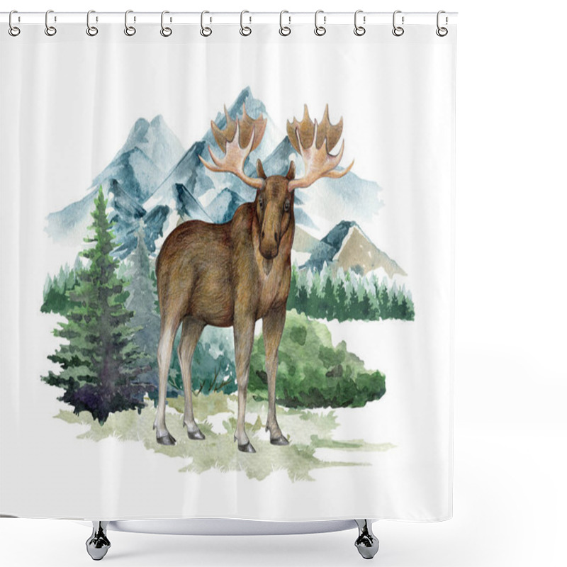 Personality  Hand Drawn Moose Standing In The Forest Landscape Illustration. Realistic North Wildlife Animal. North America, Canada, Europe Woodland Mammal. Big Moose In Forest Landscape. White Background. Shower Curtains