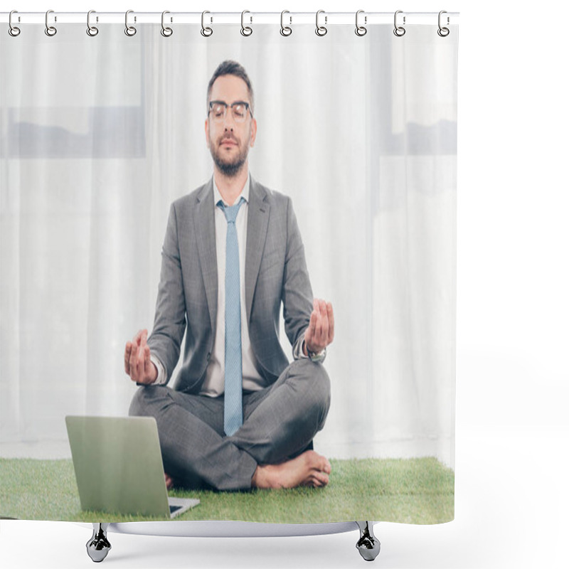 Personality  Businessman Sitting On Grass Mat Near Laptop And Meditating In Lotus Pose  Shower Curtains