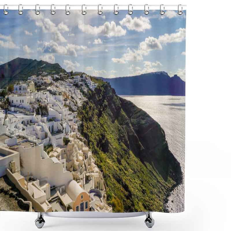 Personality  White Houses Near Aegean Sea Against Sky With Clouds In Greece  Shower Curtains