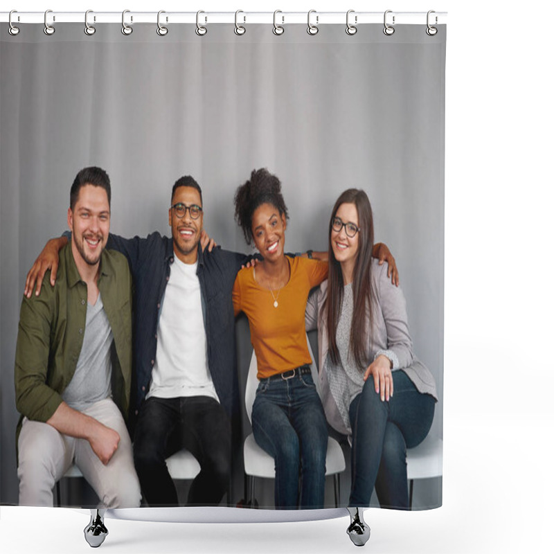 Personality  Portrait Of Multiethnic Young Friends Sitting Together Happily With Their Arms Around Each Other On Chair Smiling And Looking At Camera Shower Curtains