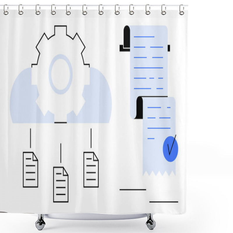 Personality  Two Main Elements. On Left - Gear Depicting Cloud Computing And File Storage. On Right - Scroll With Checkmark Showing Receipt Verification. Ideal For Cloud Storage, Document Management, File Shower Curtains