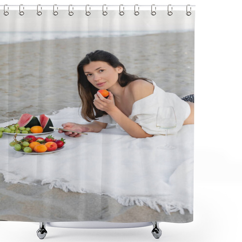 Personality  Woman In Shirt Holding Apricot And Smartphone Near Wine On Blanket On Beach  Shower Curtains