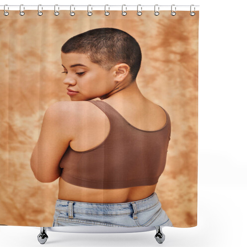 Personality  Natural Beauty, Self-esteem, Young Woman With Short Hair Posing On Mottled Beige Background, Individuality, Modern Generation Z, Beauty And Confidence, Body Positivity, Curvy Model  Shower Curtains