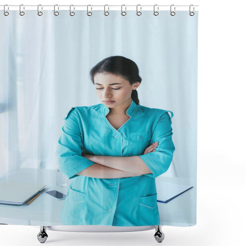 Personality  Offended Latin Doctor Standing At Workplace With Crossed Arms And Looking Down Shower Curtains