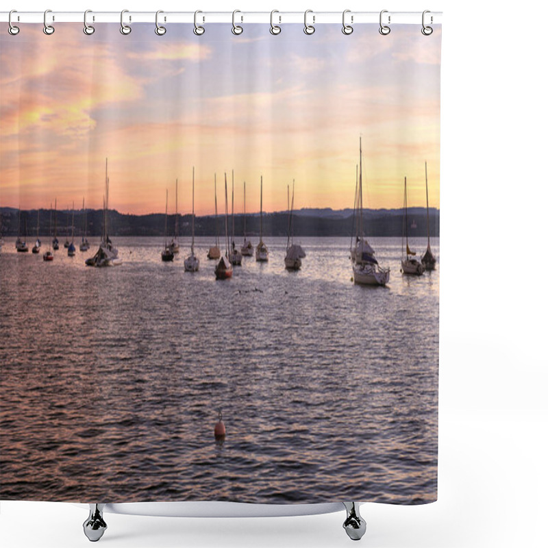 Personality  Experience The Tranquility Of A Sunset Over A Lake With A Pier Extending Into The Calm Water, Surrounded By Sailboats Gently Bobbing On The Surface. This Serene Waterfront Scene Captures The Beauty Of Shower Curtains