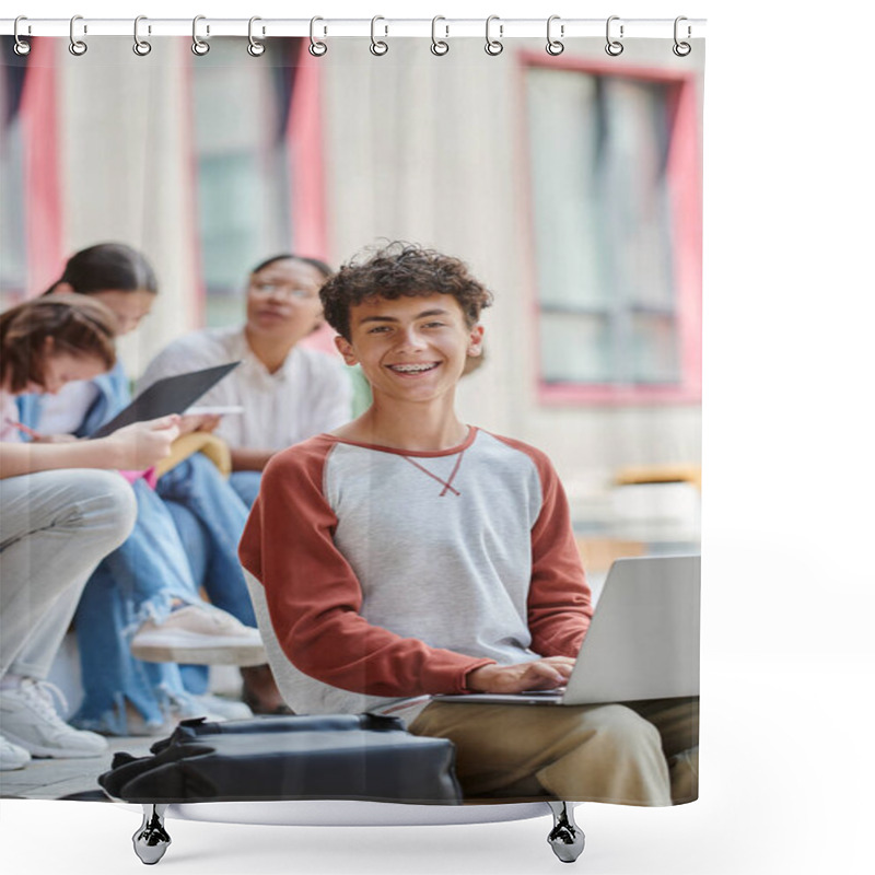 Personality  Back To School, Happy Teenage Boy With Braces Using Laptop Near Blurred Teacher And Girls, Diversity Shower Curtains