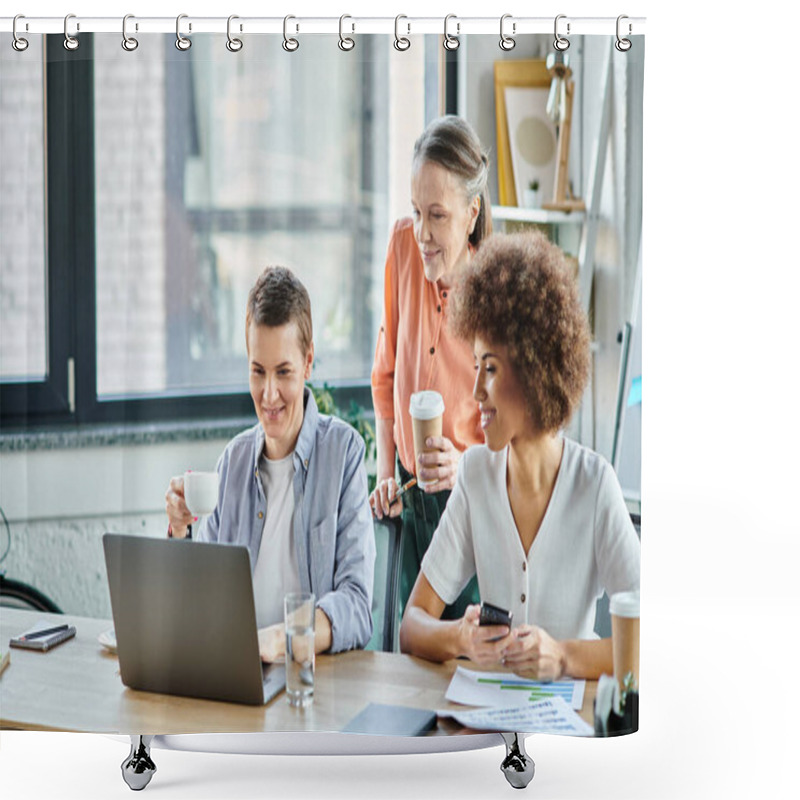 Personality  Diverse Group Of Hard-working Businesswomen Collaborating Around A Table With A Laptop. Shower Curtains