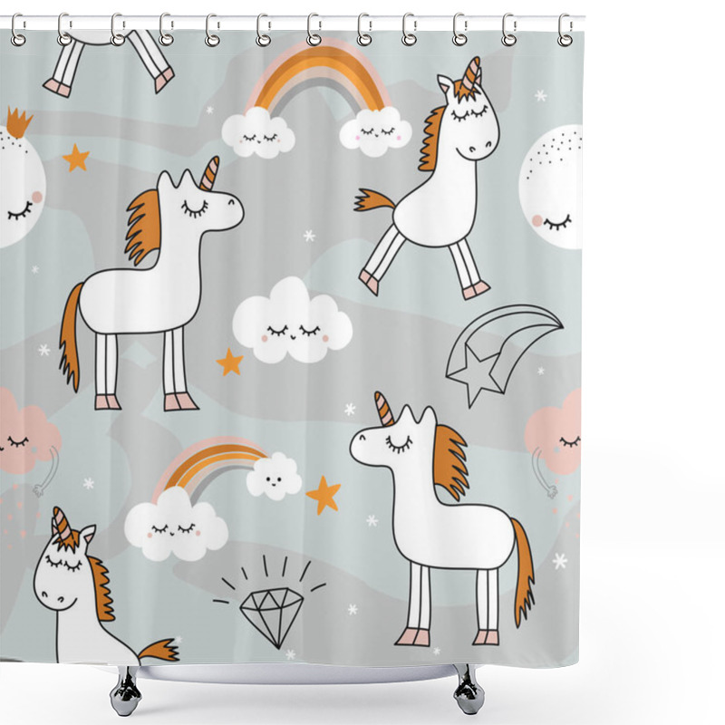 Personality  Lovely Unicorns In Love With Sky, Rainbows And Clouds In Pastel Colors. Scandinavian Style Simple Seamless Pattern For Kids And Nursery Bedroom Or Valentine's Day Printable Fabrics. Shower Curtains