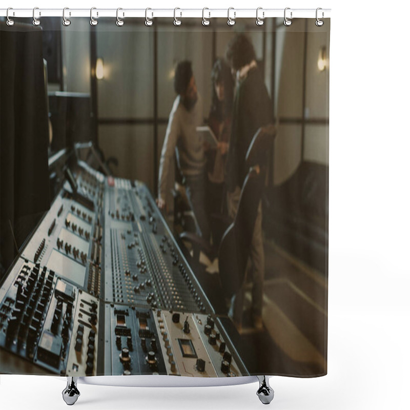 Personality  Blurred Group Of Musicians Spending Time At Recording Studio With Graphic Equalizer Shower Curtains