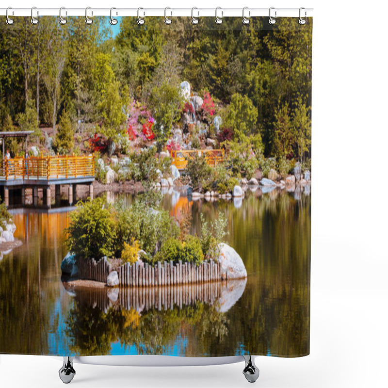 Personality  Island In The Middle Of The Pond At The Japanese Gardens In Grand Rapids Michigan On A Sunny Spring Day Shower Curtains