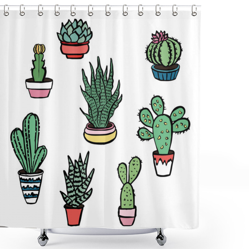 Personality  Cactus And Succulents  With Flowers, Spines And Without. Cactus Isolated On White Background. Vector, Hand Drawn Set Illustration. Shower Curtains