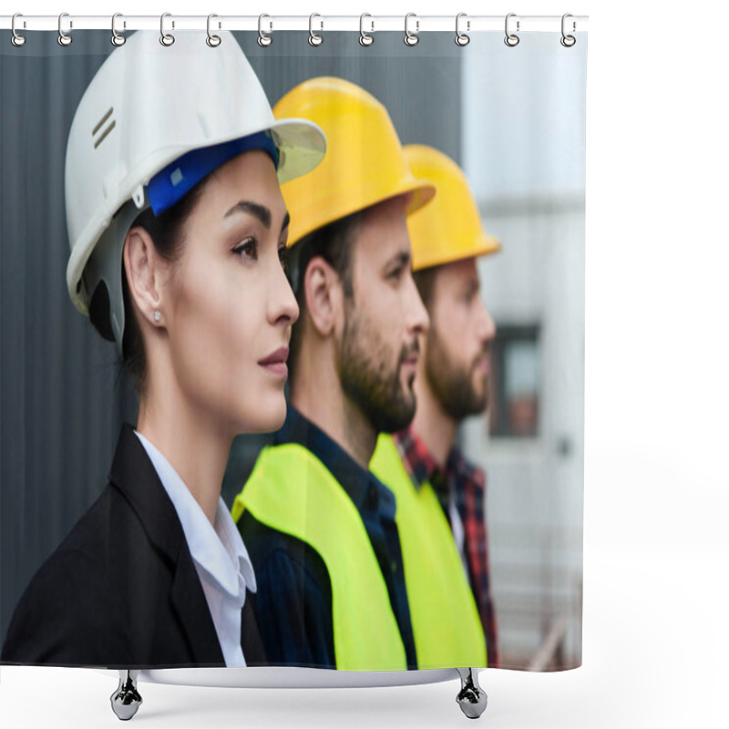 Personality  Female Engineer And Male Workers In Helmets On Construction Shower Curtains