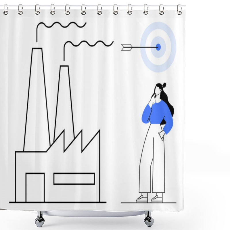 Personality  Factory Chimneys Emitting Smoke, Bullseye Target With Arrow, Thoughtful Woman With Hand On Chin. Ideal For Business Strategy, Goal Setting, Industrial Planning, Focus, Precision, Success Shower Curtains