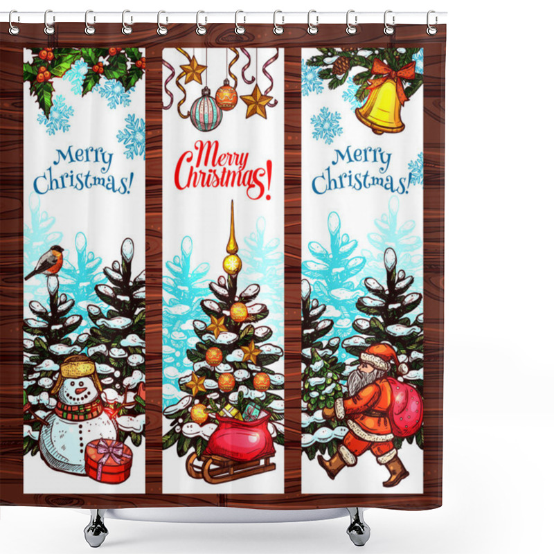 Personality  Christmas Sketched Banner Set On Wooden Background Shower Curtains