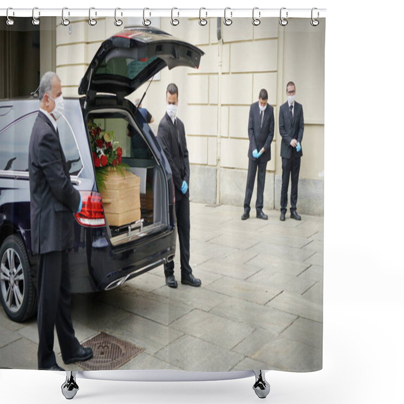 Personality  Employees Of The Funeral Services Company Next To The Coffin Of A COVID-19 Victim, In Turin, Italy, April 2020. Shower Curtains