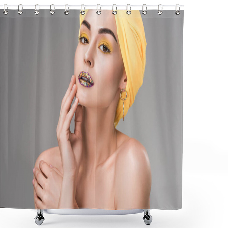 Personality  Beautiful Naked Girl With Stylish Makeup Wearing Yellow Turban And Looking At Camera Isolated On Grey  Shower Curtains