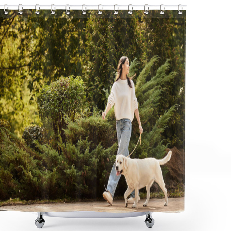 Personality  A Young Woman In Cozy Autumn Attire Walks Joyfully With Her Happy Dog Amidst Falling Leaves. Shower Curtains