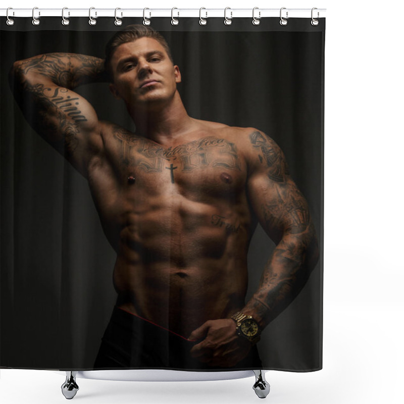 Personality  Tattooed Muscular Guy Posing On Gray Background Shower Curtains